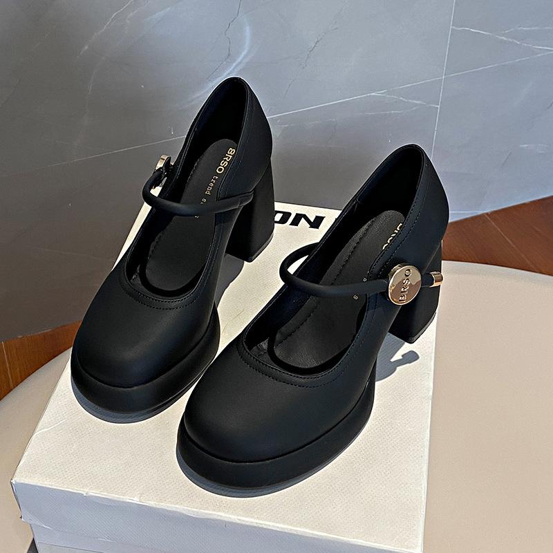 

Черные туфли на высоком толстом каблуке, женские, новые, весна-осень, под юбку, Мэри Джейн, с мелким вырезом, маленькие кожаные туфли 43 чёрный