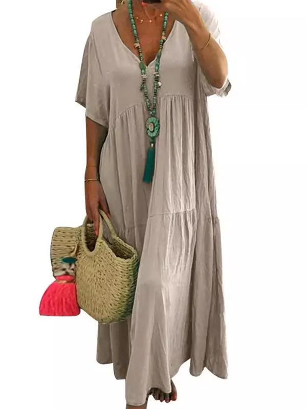 European & American Plus Size V-neck Pure Cotton & Linen Short Sleeve Dress