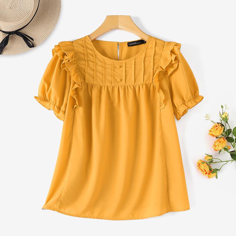 

ZANZEA Женская летняя блузка с круглым вырезом и короткими рукавами в полоску с оборками 5XL