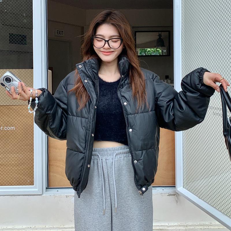 PU Down Cotton Jacket Women's Short Women's 2025 Winter Wear New American Casual Stand-up Collar Loose Bread Jacket Thickened Jacket