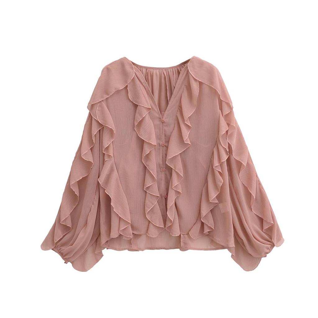 Summer 2026 European & American V-Neck Layered Ruffled Pleated Women's Shirt