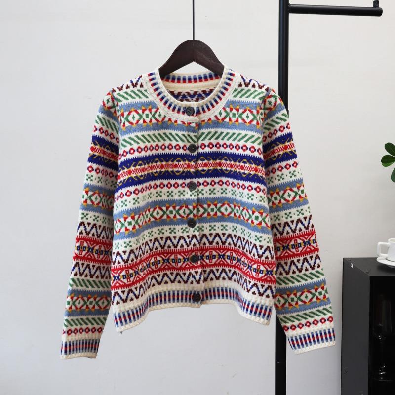 Color jacquard sweater jacket autumn and winter new retro crew neck soft waxy knitted cardigan top women