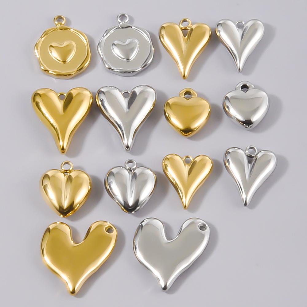 6pc Sweet Love Pendant Real Gold Plated Stainless Steel Heart Charms For Jewelry Making Supplies DIY Keychain Pendant Charm Bulk