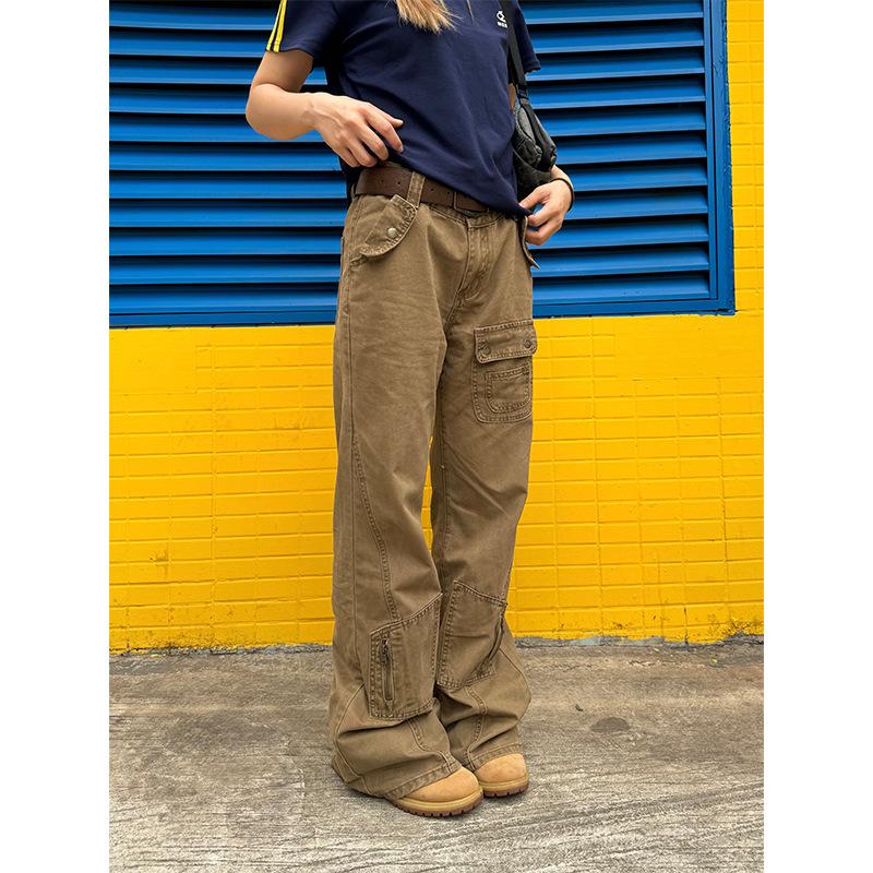 

New style straight-leg jeans with slight flares, washed work pants for women, multi-pocket patchwork trousers S хаки