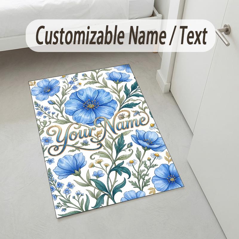 Blue Floral Elegance Theme Soft Crystal Velvet Rug Custom Name & Text Print Non Slip Floor Rug for Bedroom Living Room