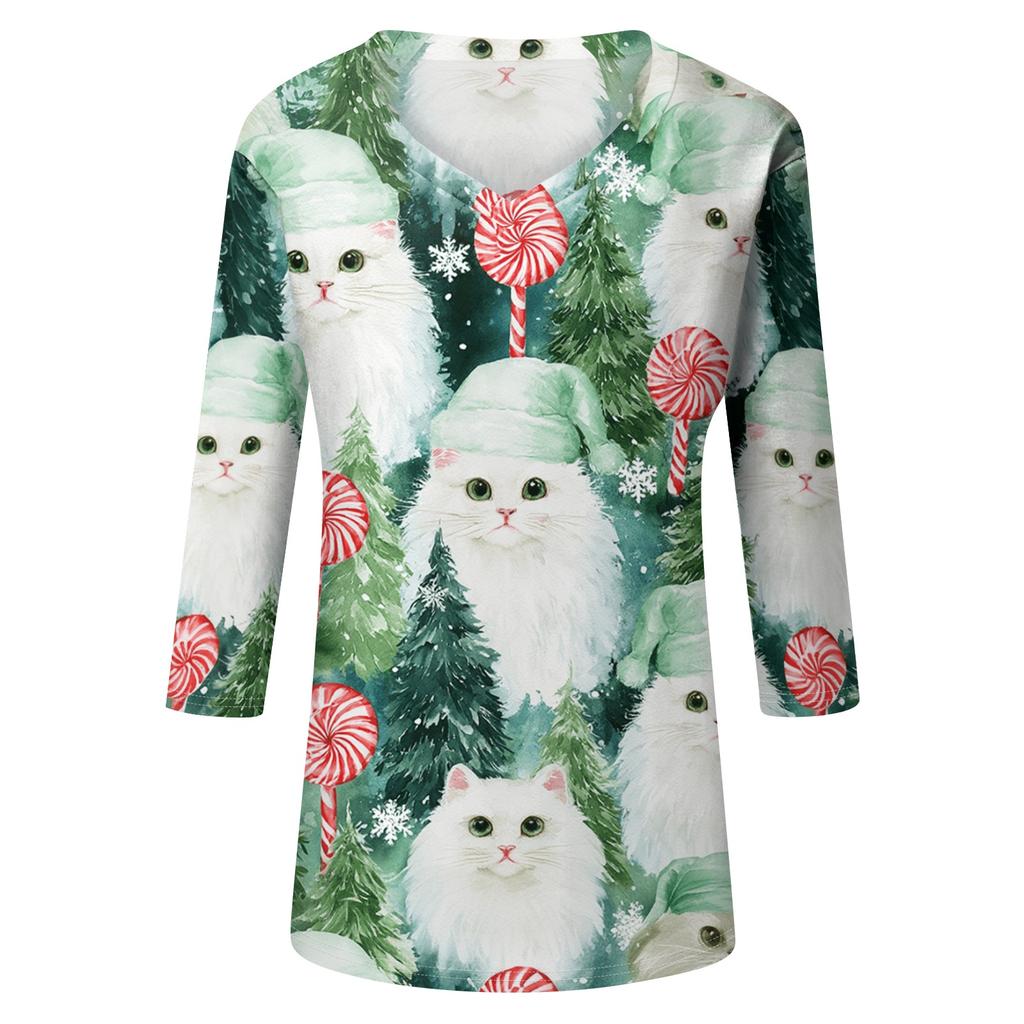 Women's Christmas Print V-Neck Three-Quarter Sleeve Casual Loose Fit Shirt