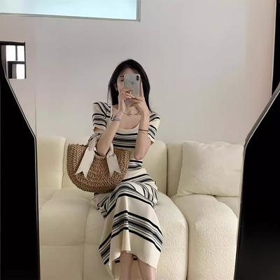 Hong Kong Flavor Square Collar Dress Women's Summer Leisure Seaside Vacation Striped Knitted Long Dress French Waist Skirt