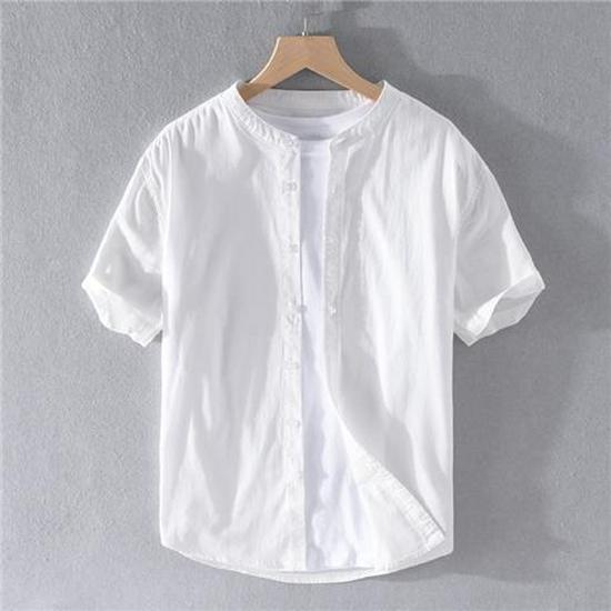 Men's White Slim-Fit Short-Sleeve Oxford Shirt with Square Collar