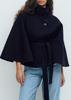 Women's Solid Color Cape Trench Coat with Stand Collar, Button, and Belt - Autumn/Winter 2025 Collection