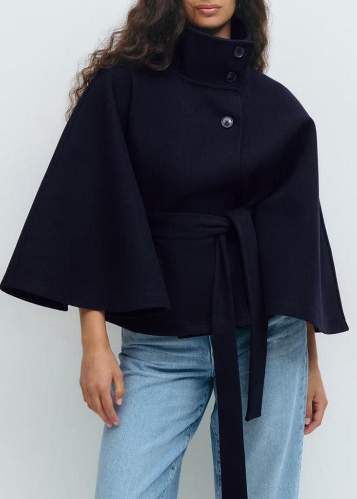 Women's Solid Color Cape Trench Coat with Stand Collar, Button, and Belt - Autumn/Winter 2025 Collection