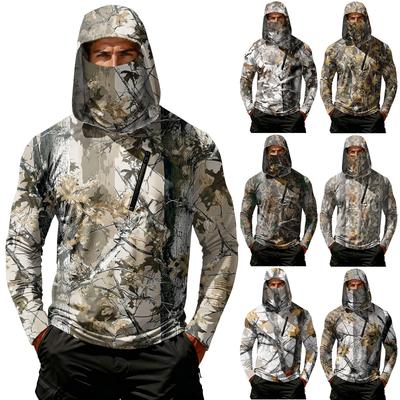 Men's Casual Leaf Camouflage Hooded Long Sleeve Sun Protection Shirt Lightweight Breathable Outdoor Sportswear with Zipper Pocket