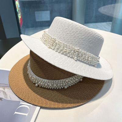 2023 New Flat Top Straw Hat Pearl Decoration Leisure Summer Sunscreen Hat Women's Fashionable Beach Boater Hat Gifts