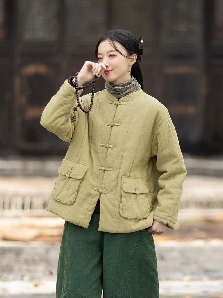 Johnature Women Vintage Warm Stand Long Sleeve Coats Solid Color Button Winter Pockets Coats
