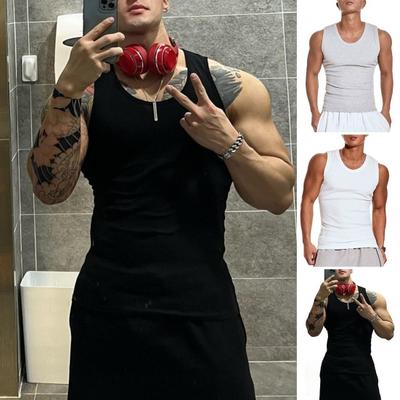 Men Vest Ribbed Fabric Round Neck Tight Fit Solid Color Tank Tops