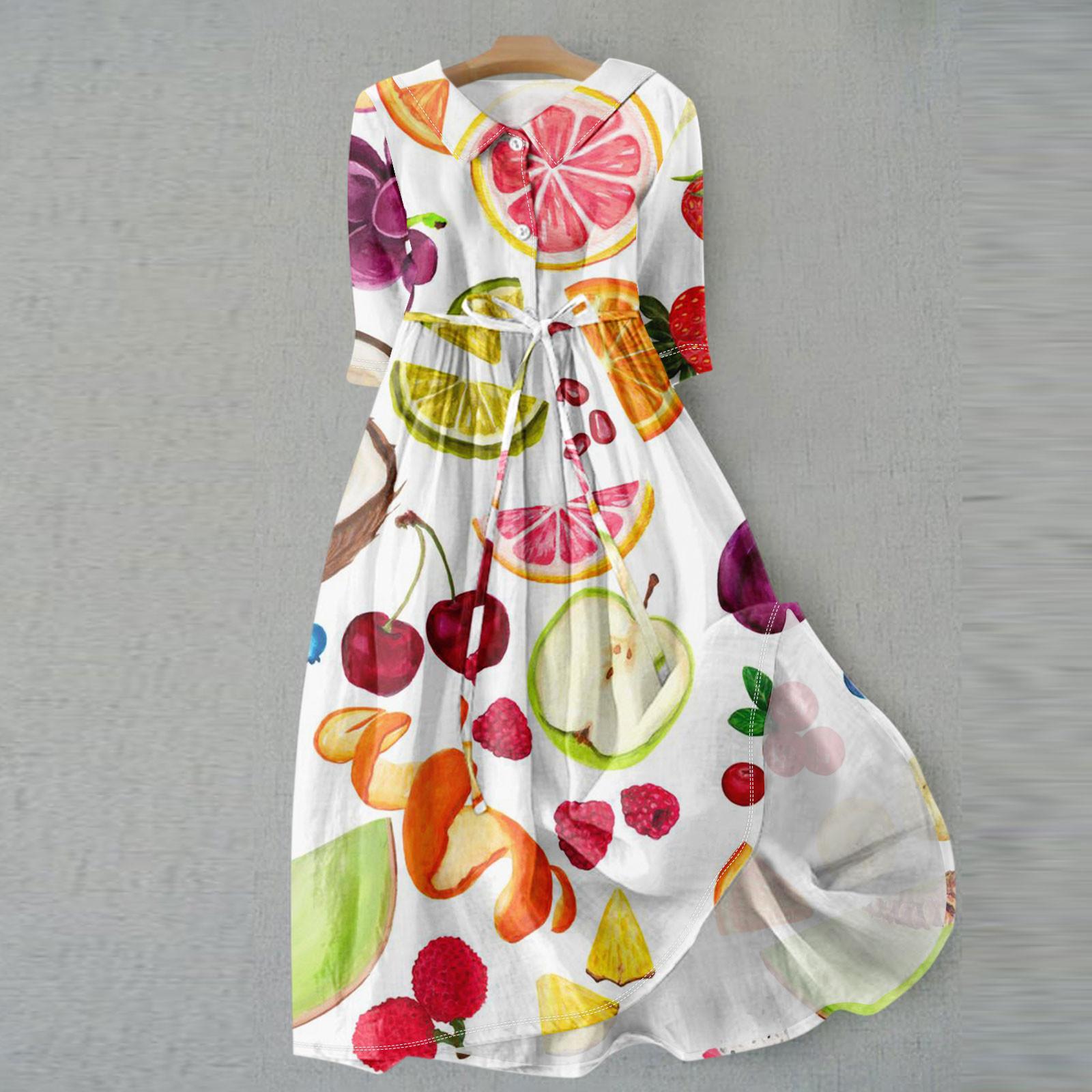 Women s Fashion Printed Flip Collar Button Up 3/4 Sleeve Strap Dress L