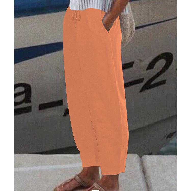 Women's Elastic Waist Linen Pants Loose Fit Casual Trousers Solid Color Pocket Harem Pants