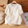 Kurzarmhemd Damen Stickerei locker große Größe literarisch retro Baumwolle und Leinen Top Damen diagonale Knopfleiste Schnalle Sommer neu
