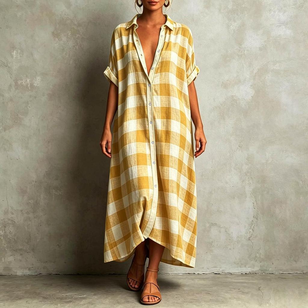 Women's Casual Plaid Short Sleeve Maxi Dress with Lapel for Vacation Beach Wear