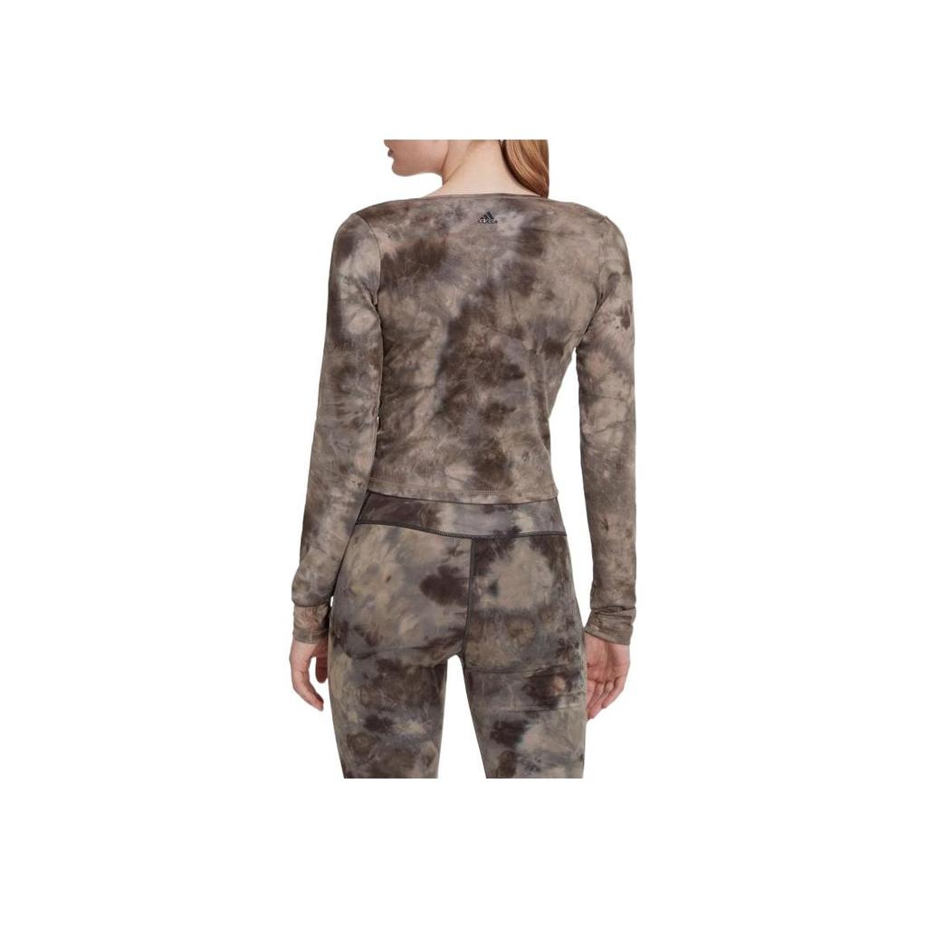 Adidas Tie-Dye Logo Print Cropped Long Sleeve T-Shirt Women Tops Brown HN9499