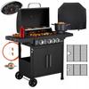 Garden Gas Grill 3+1 On Wheels Cast Iron Grate +Cover 11.2Kw Cabinet