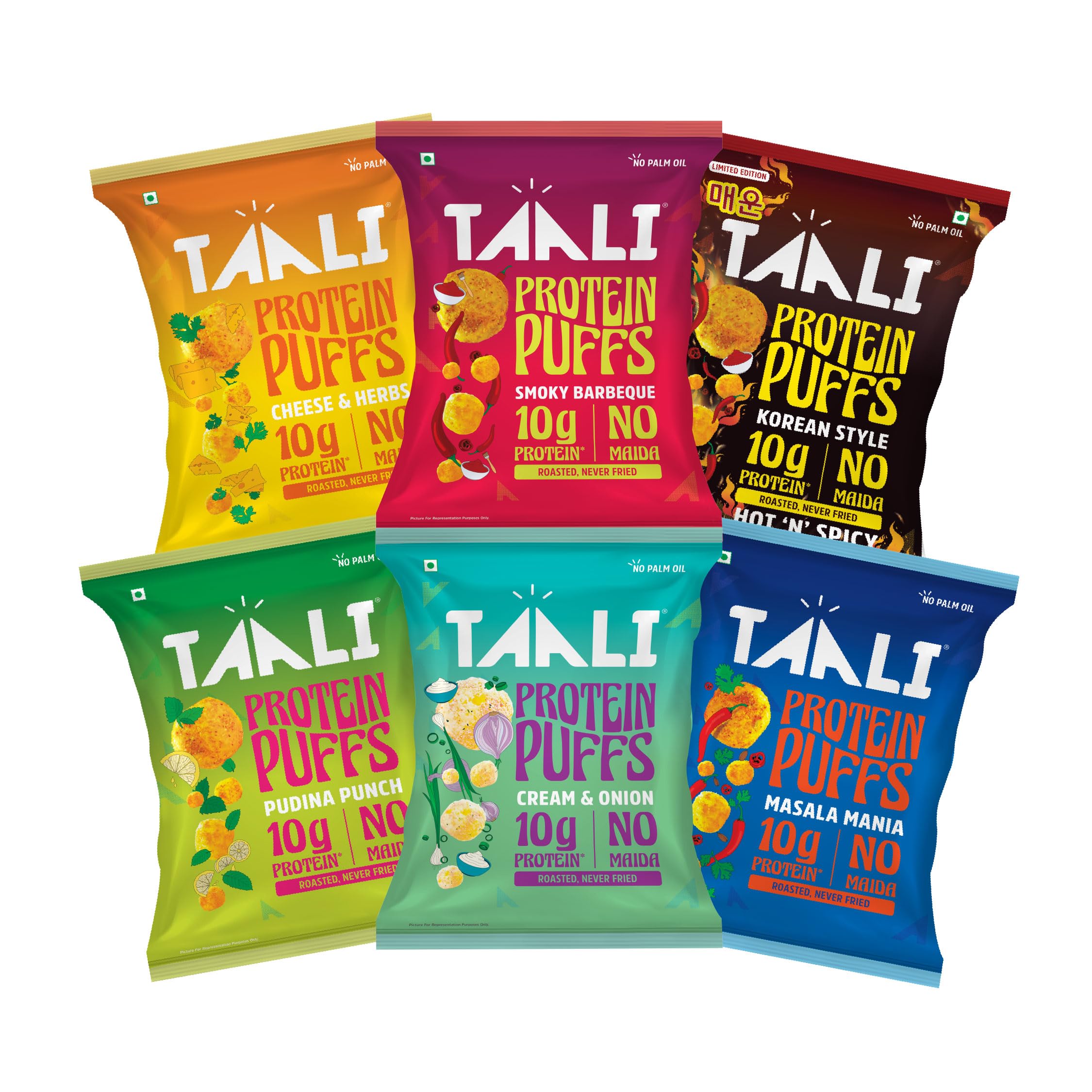 

Taali Roasted Protein Puffs Combo | Goodness of Jowar & Corn | Snack | 60g each (Pack of 6) | Masala, Cheese Balls, Smoky Barbeque, Korean, Pudin