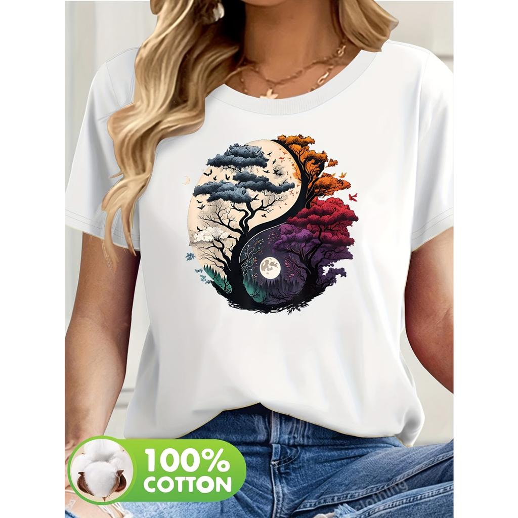 Women's Short Sleeve T-Shirt with Botanical Blouse Print Suitable for Spring/Summer