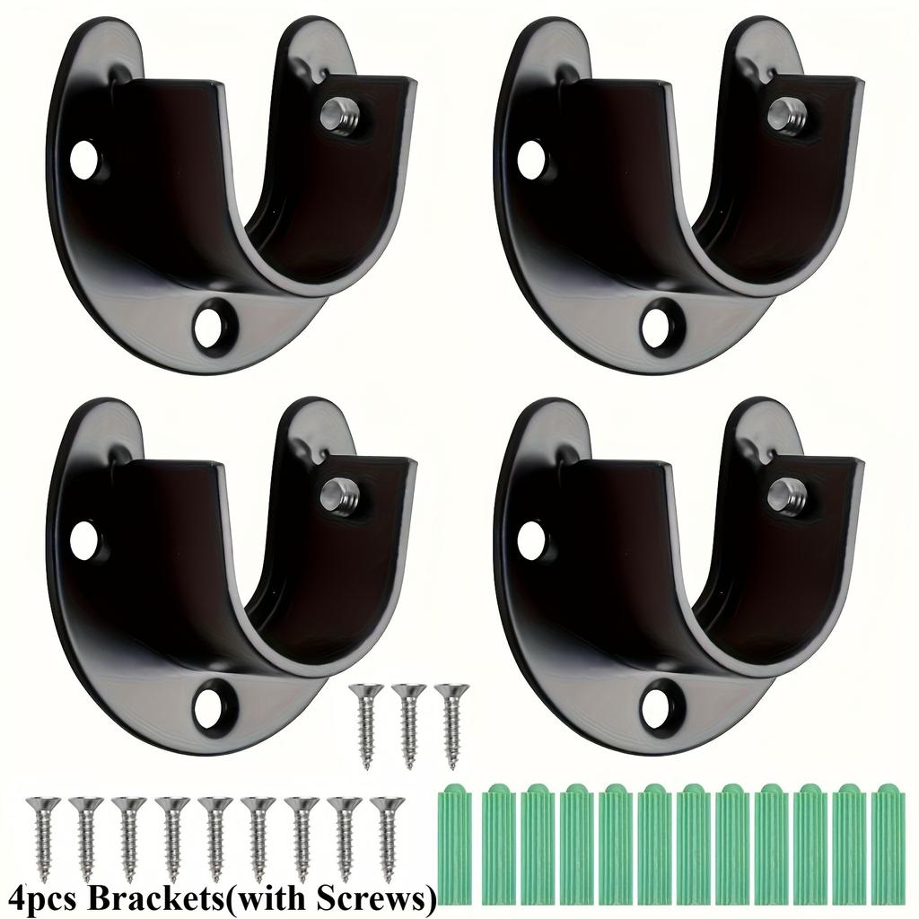 [Steel Bracket]4pcs Stainless Steel U Shape Closet Rod Bracket | 25mm, Black, for Closet Pole Sockets, Wardrobe Rail End Supports, Curtain Rail Holder