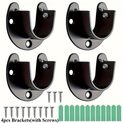 [Steel Bracket]4pcs Stainless Steel U Shape Closet Rod Bracket | 25mm, Black, for Closet Pole Sockets, Wardrobe Rail End Supports, Curtain Rail Holder