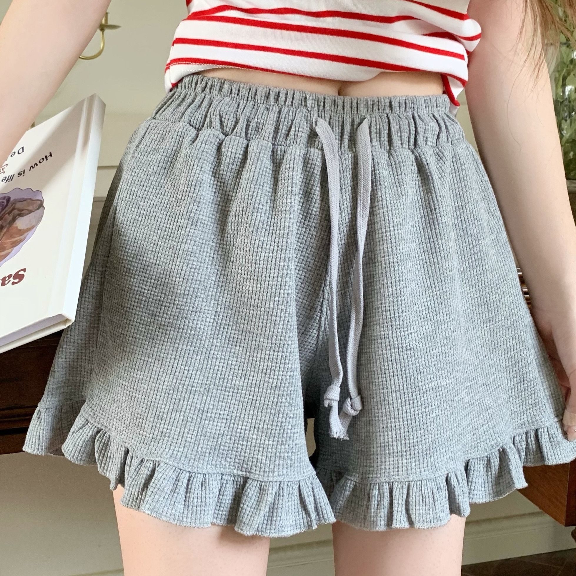 

Шорты с высокой талией, женские летние домашние брюки, серые повседневные брюки, студенческие летние широкие брюки XL