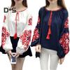 Summer Shirt Women Ethnic Style Embroidered Pattern Pullover Tops Round Neck Lantern Sleeve Loose Fit Blouse