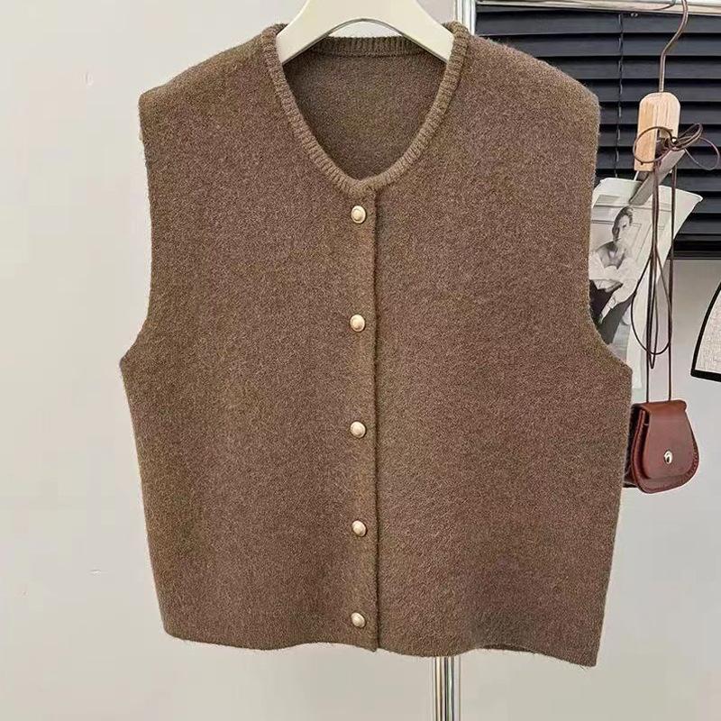 

Женский нежный однобортный жилет с маленькими золотыми пуговицами, круглым вырезом, тонким трикотажным жилетом, свободным верхом one size кофейный
