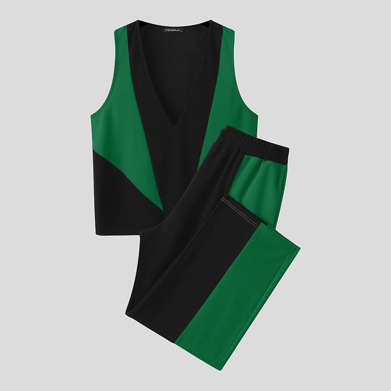 

INCERUN Men V Neck Sleeveless Stitching Waistcoat and Long Pants Outfits Sets