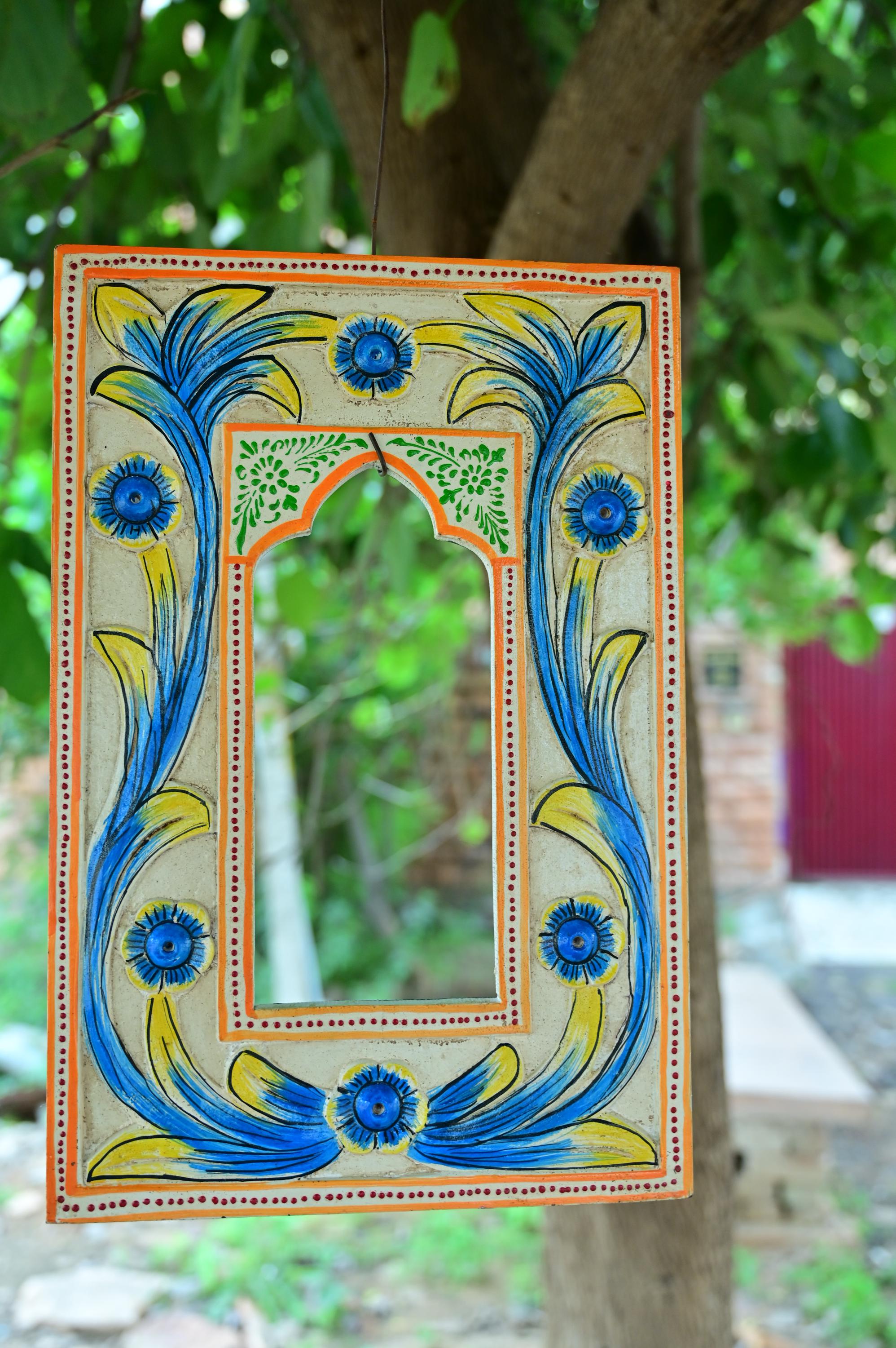 

Hand Carved Blue Yellow Floral Wooden Jharokha Wall Decor: Painted Flower Design Indian Frame 18” X 12” X 24” (l x w x h) разноцветный