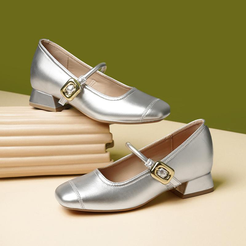 

Осень мягкая кожа нежная обувь маленькие серебряные туфли серебряные Мэри Джейн маленькие кожаные туфли толстый каблук осенняя обувь 40