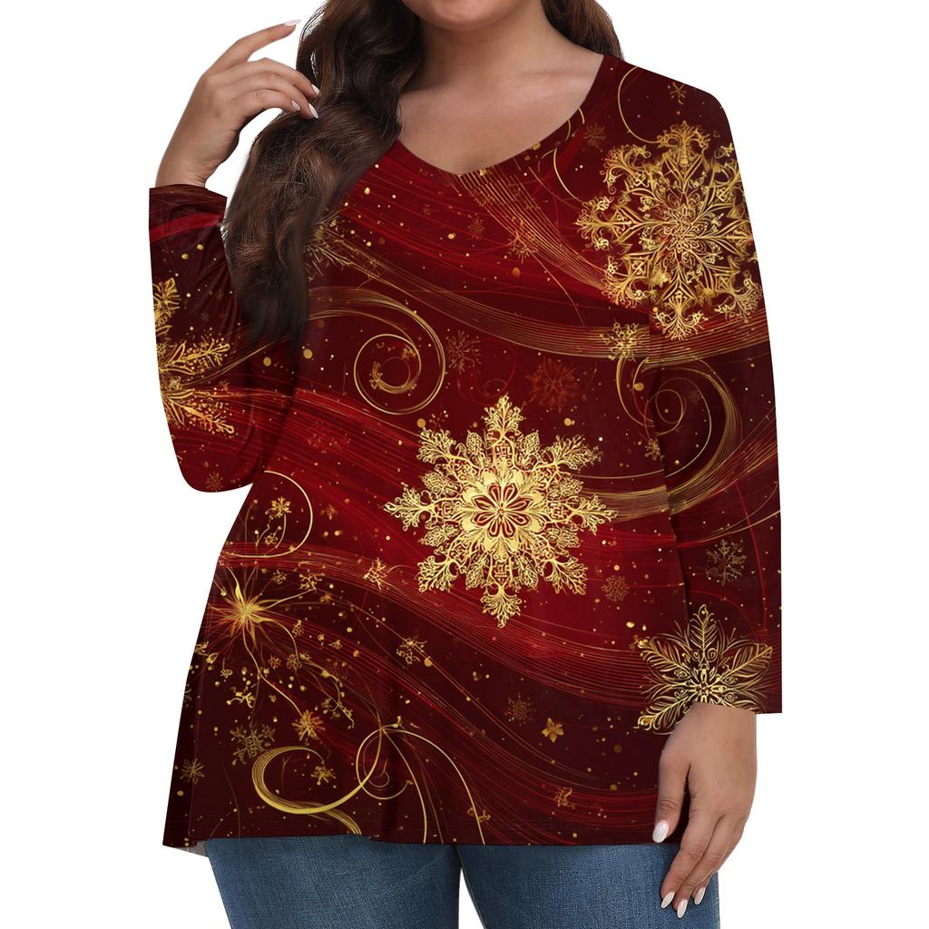 Women's Fashionable Casual Long Sleeved Plus Size Print Top Plus Size Floral Print Top