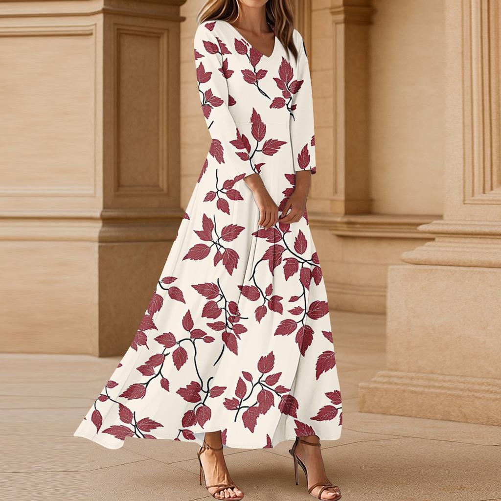 Women's Casual 3/4 Sleeve V-Neck Floral Print Maxi A-Line Beach Dress