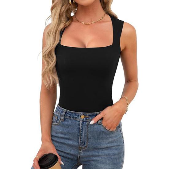 Women Summer Vest Square Collar Wide Shoulder Strap Sleeveless Tank Tops Solid Color Slim Fit Ribbed Camisole
