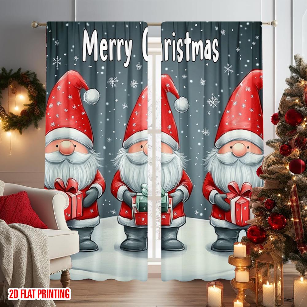 Set Of 2 Flat Printing Merry Christmas Scene Curtains Midget Polyester Without Electricity Family Curtain Machine Washable