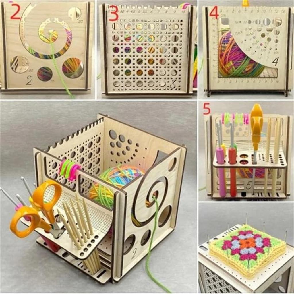 Partslety Wooden Yarn Bowl Knitting Bowl, Multi-Functional Knitting Needles Scissors Holder, All In One Yarn Storage Organizer