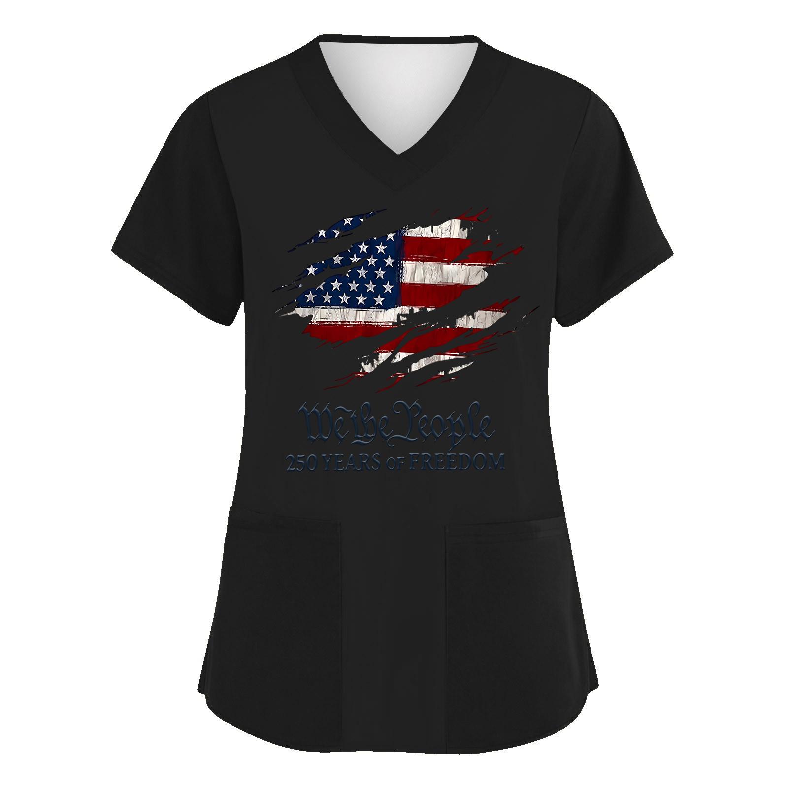 

Womens V Neck Short Sleeve Printed Scrub Top Comfortable Fit Soft Fabric Two Front Pockets Shirt for Professionals L чёрный