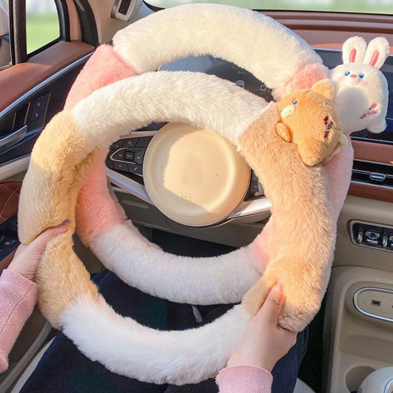 Winter Plush Women's Car Steering Wheel Cover Heated Warm Anti Slip Cute Cartoon Car Handle Cover Universal Car Accessories