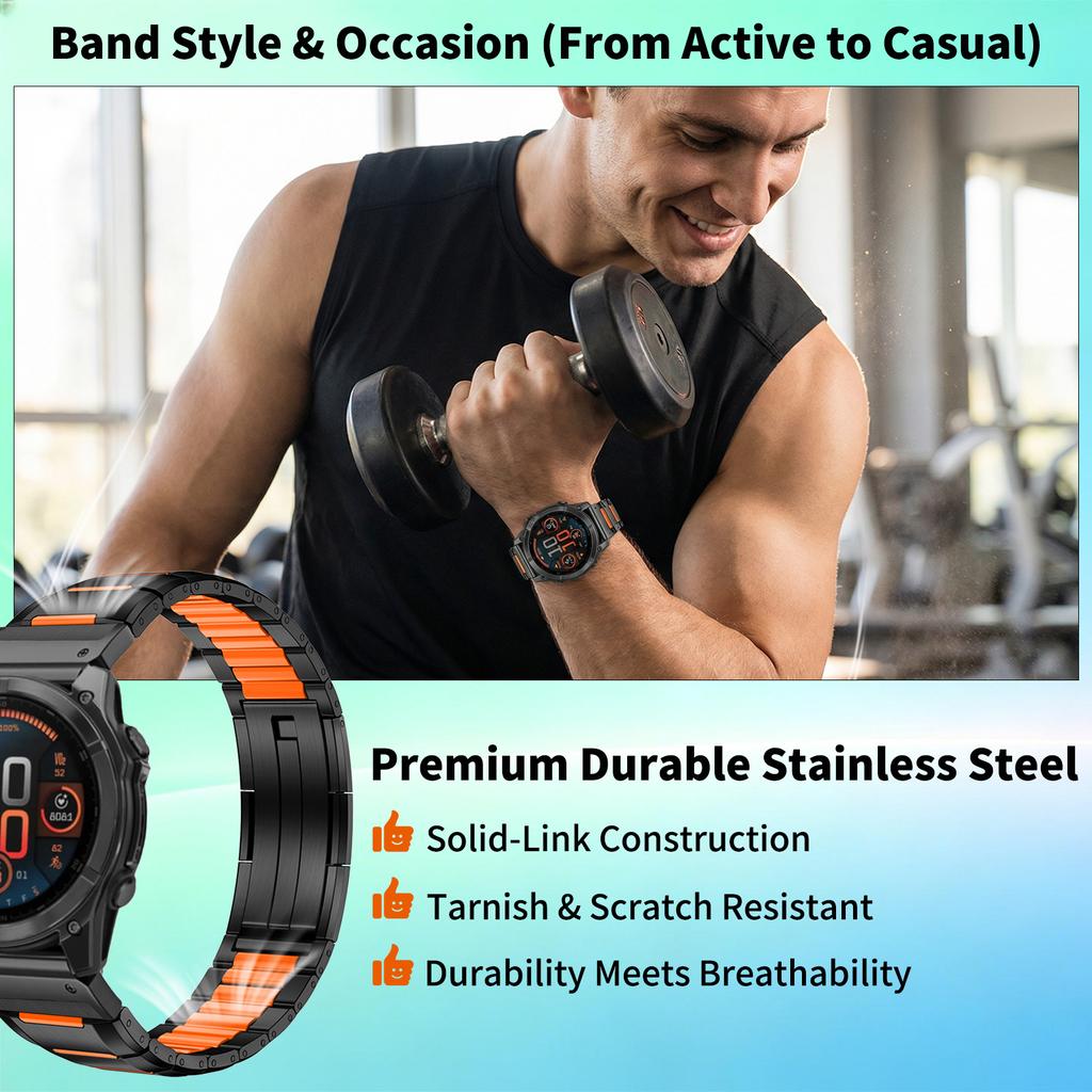 22/26mm Stainless Steel Silicone Band for Garmin Fenix 8 47/51mm 7 7X Pro 6 6X QuickFit Bands for Epix Gen2 Marq Bracelet Strap