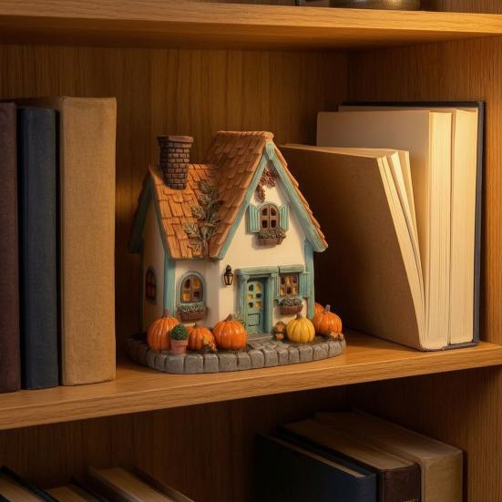 Kürbishaus Miniatur, Harz Herbsternte Dekoration mit handgeschnitzter Kacheltextur und Kürbisdetails, Retro Britisches Holzhaus für Halloween