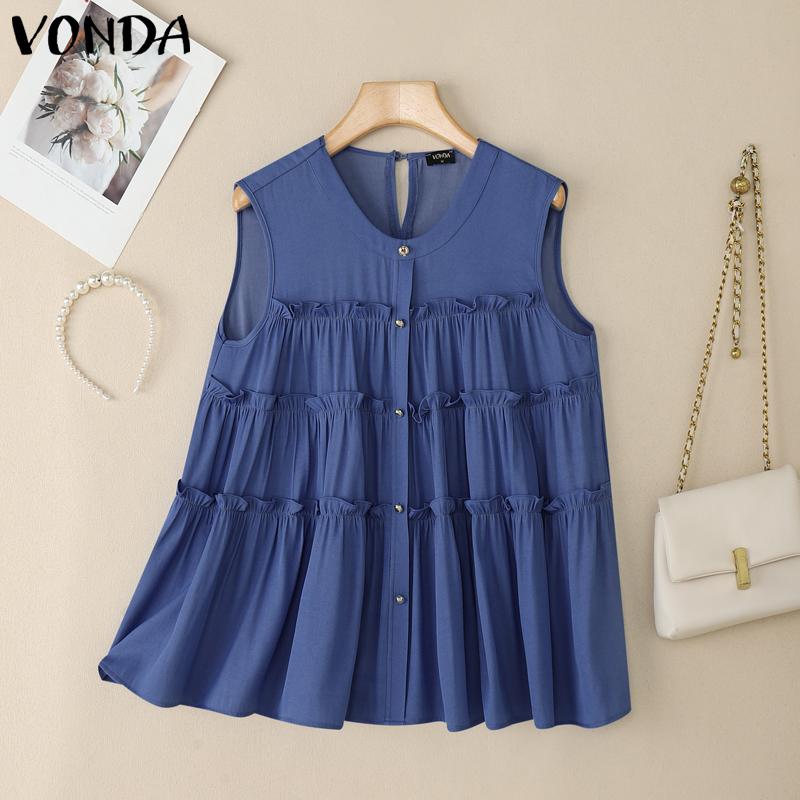 VONDA Women Casual Loose Sleeveless Ruffled Tank Tops