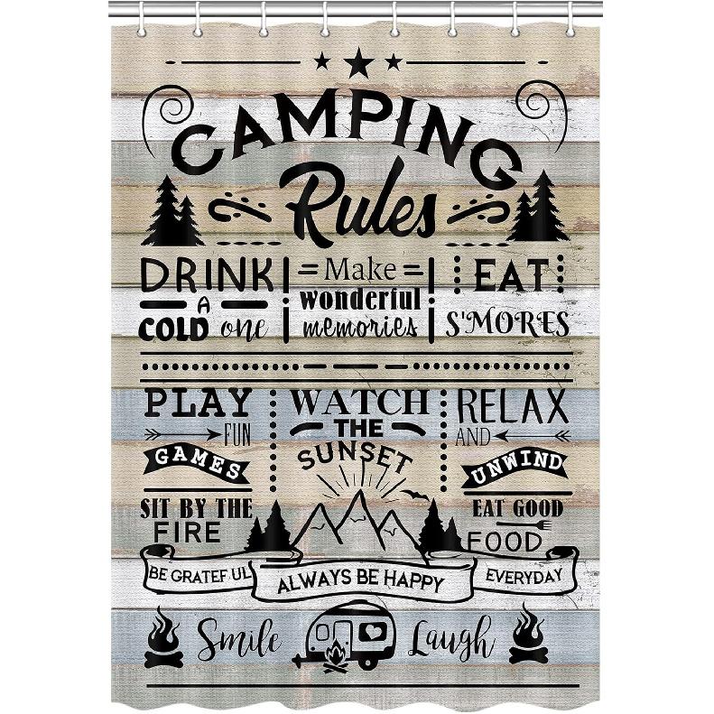 Camper RV Shower Curtain for Travel Trailer Bathroom, Farmhouse Camping Rules Quote Small Narrow Shorter Fabric Shower Curtains Set, Happy Camp