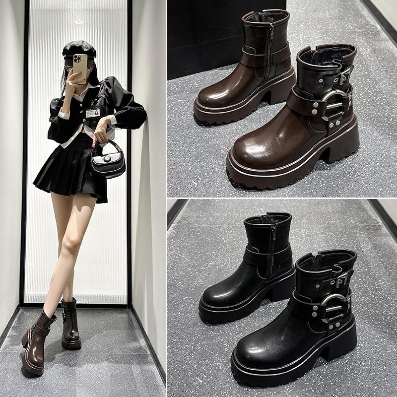 High heels platform Martin boots women's fashion thin boots autumn and winter belt buckle high heels short boots