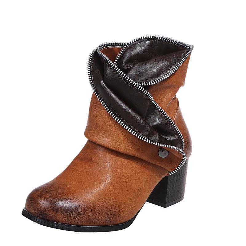 In Stock: 2021 Autumn/Winter Chunky Heel Zipper Women s Fashion Boots Flats 35