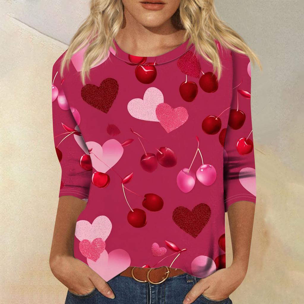 Damen Modisches Lässiges Dreiviertelarm Valentinstag-Druck Rundhals Pullover-Oberteil