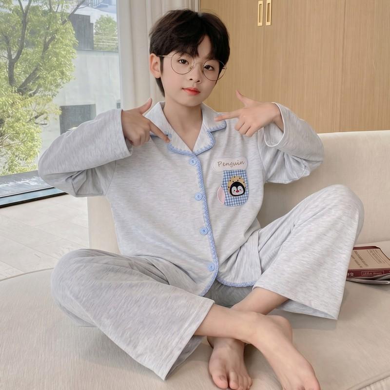 Boys Cotton Pajama Set Long Sleeve Open Front Cartoon Print Home Wear Kids Teens