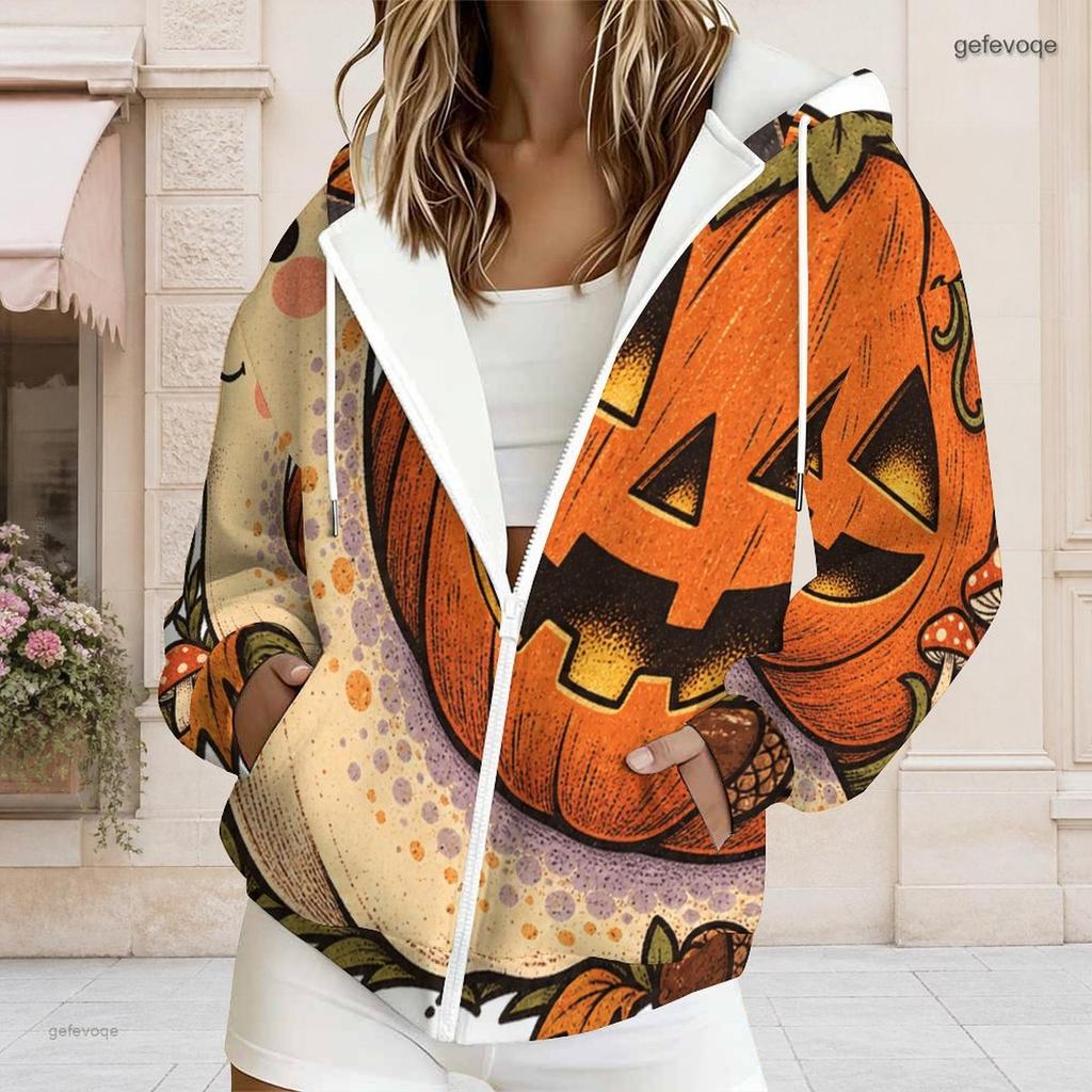 Women Plus Size Zip Up Drawstring Hoodie Long Sleeve Pumpkin Printed Casual Hooded Sweatshirt With Pockets